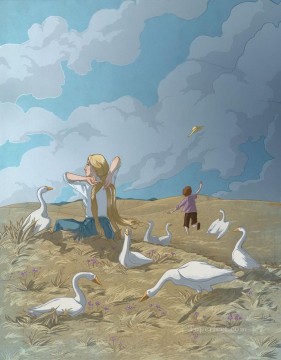 家禽 Painting - 漫画の女の子とガチョウの子供たち